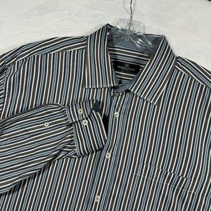 Bugatchi‎ Uomo Shirt Mens XXL Blue Brown Striped Long Sleeve Cotton Classic